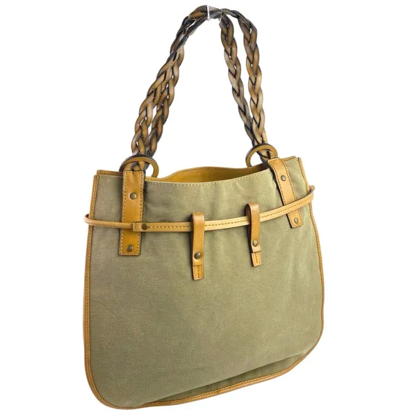 Gucci Women's Gray Green Braided Leather Straps Canvas Tote Shoulder Hand Bag - Image 2