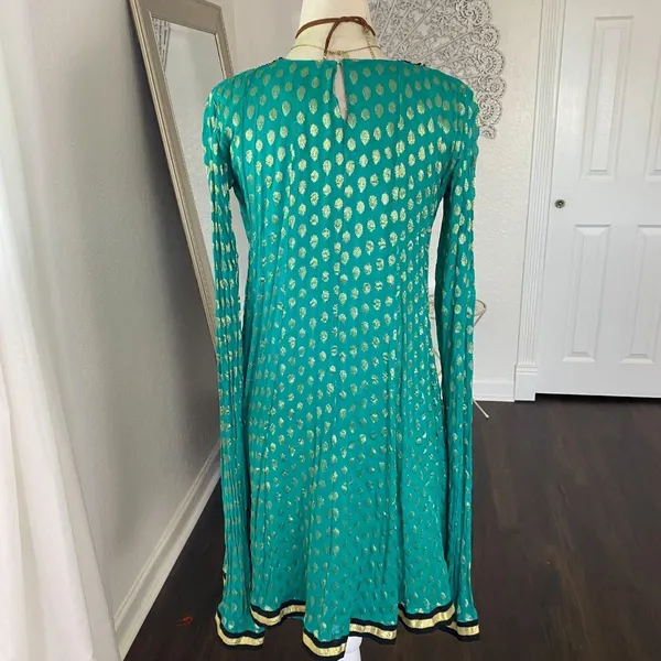 Source Unknown Turquoise and Gold Embroidered Blue Beaded Indian Silk Kameez Dress XS / 34 - Image 4