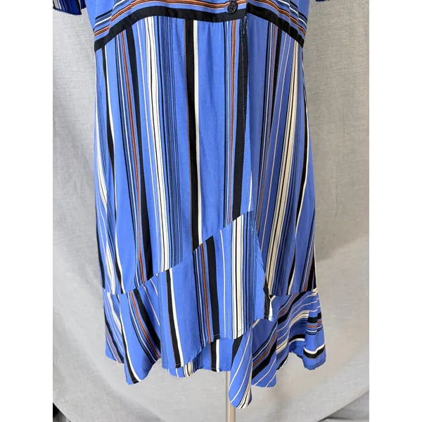 Band Of Gypsies Blue Striped Faux Wrap Dress Flutter Sleeve‎ Ruffle Hem L - Image 5