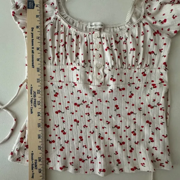Heart & Hips XS Floral Pointelle Knit Top Cream Red Button Front Cottagecore Milkmaid Regency - Image 6