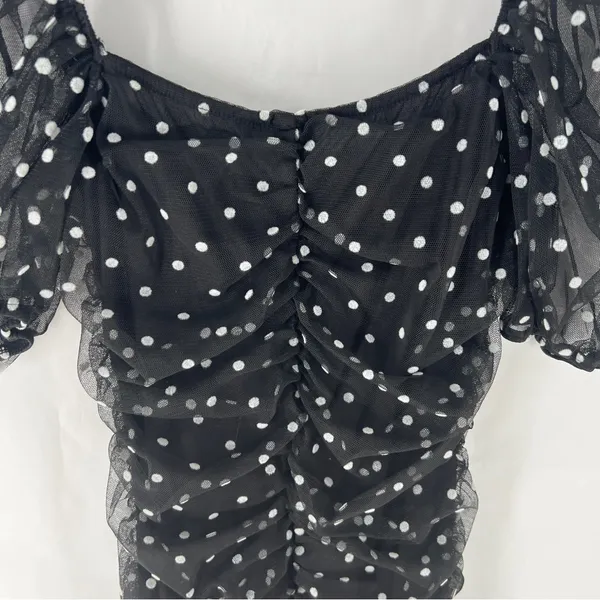 H&M Black & White Polka‎ Dot Mesh Puff Sleeve Ruffle Trim Ruched Mini Dress XXS - Image 11