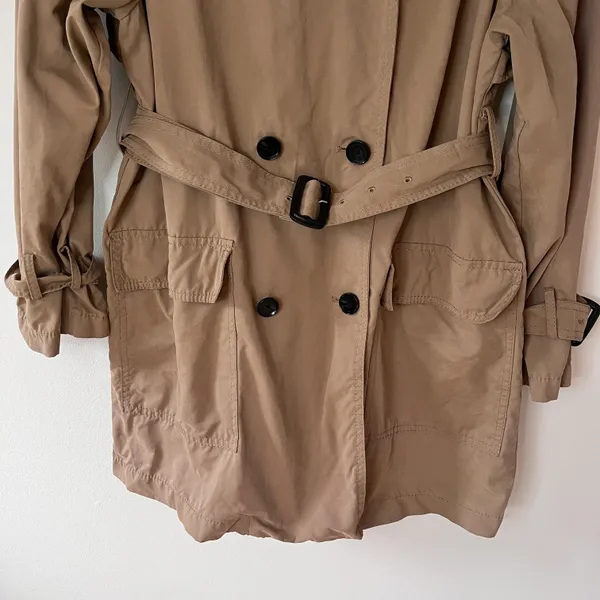 Belted Double Breasted Short Trench Coat Jacket Classic Camel Beige - Image 3