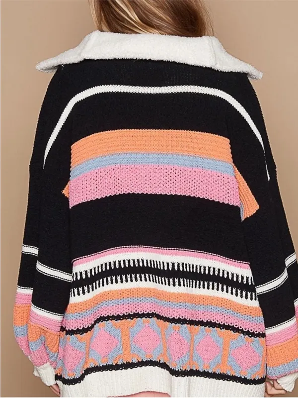 Cozy Colorblock 1/2 Zip-Front Black& Cream w/Pink,Blue & Orange Crochet Sweater - Image 2