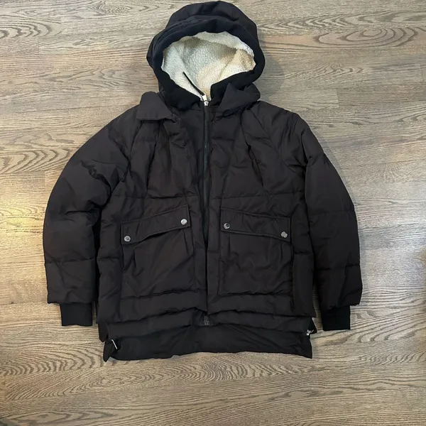 Black Down Puffer Coat Jacket Sherpa Lined Hooded Warm Winter Womens - Image 2