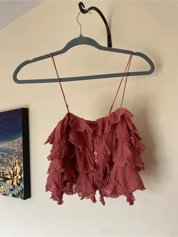 Free People Dusty Rise Pink Bohemian Ruffle Crop Top Small - Image 7