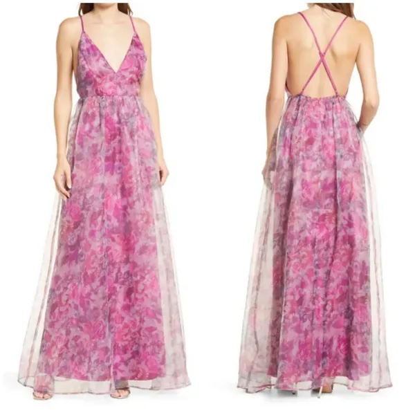 💕LULUS💕 Bloom Wildly Magenta Floral Organza Maxi Dress ~ Floral Print M NWT - Image 9