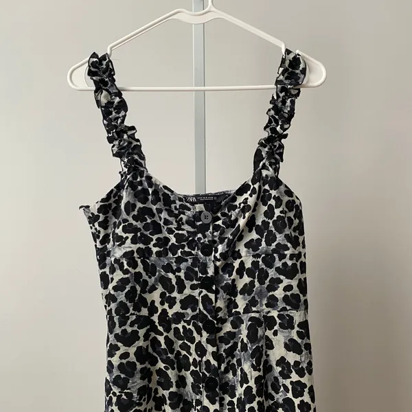 Zara MobWife Moody Animal Print Ruffle Strap Button Midi Dress M Black‎ White - Image 2