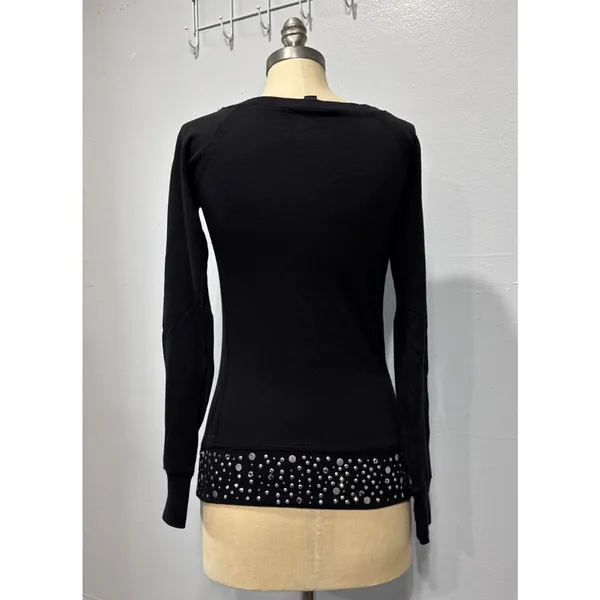 Express Knit Top Womens Sz S Black Raglan Sleeve Round Neck Studded Hem Pullover - Image 4