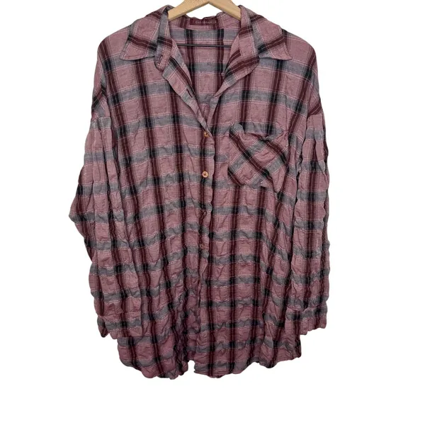 CUTLOOSE Women's XL Plaid Long Sleeve Shirtdress Maroon Burgundy Y2K Grunge - Image 2
