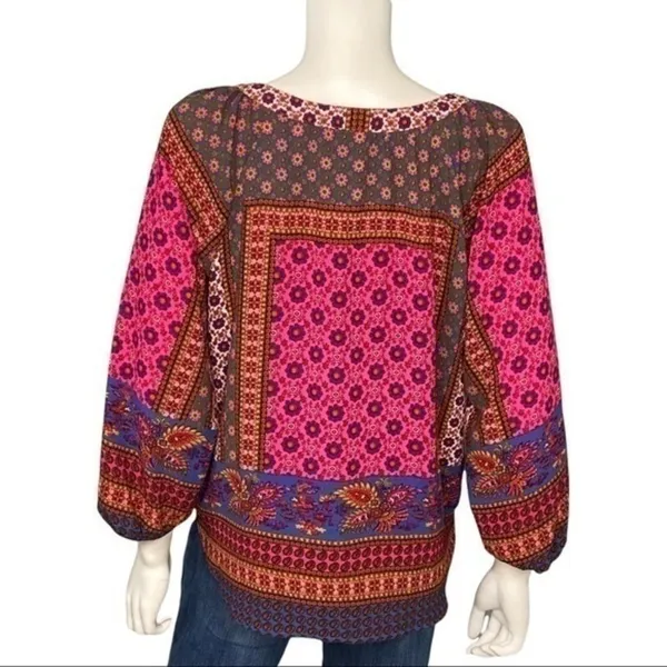 New Direction Boho Floral Button Front Tie Hem Top Pink Purple Print Size L - Image 4