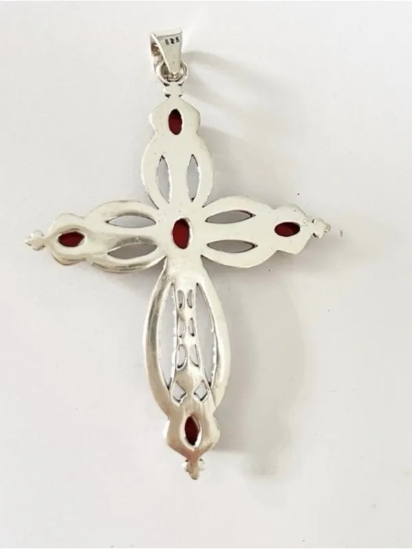 925 Sterling Silver Coral Cross Necklace Gemstone womens jewerly - Image 5