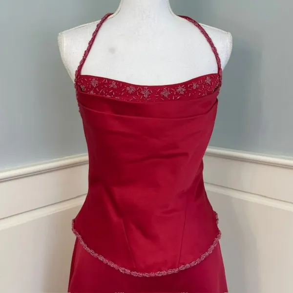 Y2K Vintage Formal Prom Princess Lace Up Corset Dress Red Satin Medium - Image 2