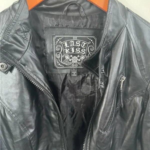 Vintage Y2K,last kiss Black Faux Leather Bomber Jacket - Image 2