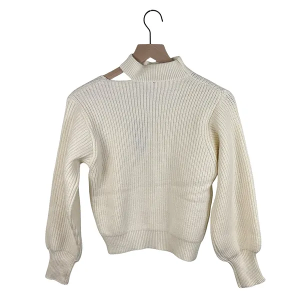 NEW Lulus Trendy Forecast Ivory Pointelle Knit Mock Neck Cutout Sweater Small - Image 5