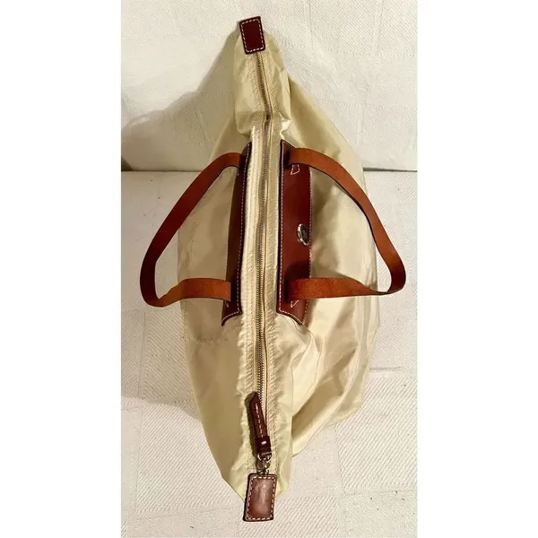 Dooney & Bourke Beige Nylon W/ Brown Leather Strap Zip Top Travel Bag - Image 7