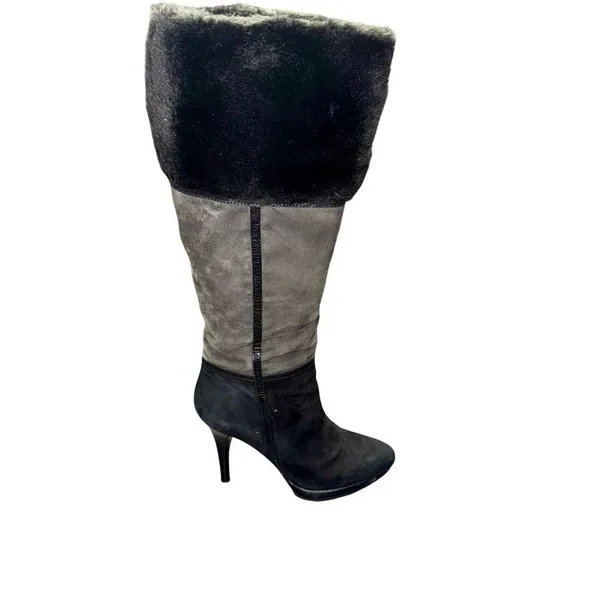B Makowsky Knee High Platform Boots Women’s 7 Gray Black Leather Side Zip EUC - Image 2