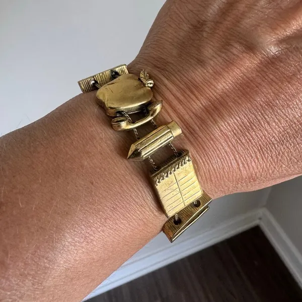 Vintage Gold Tone Back To School Teacher Charm Slide Bracelet - Image 2
