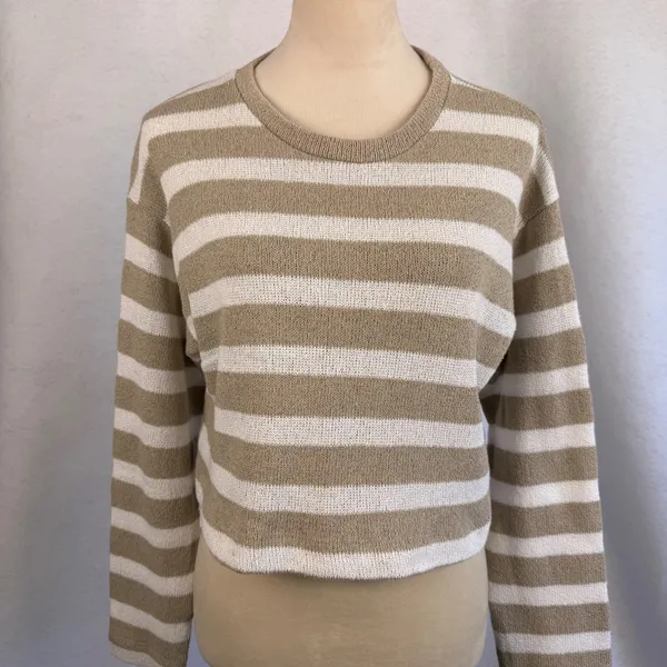Zara Womens Small Tan White Striped Cropped Knit Sweater‎ Crew Neck - Image 2