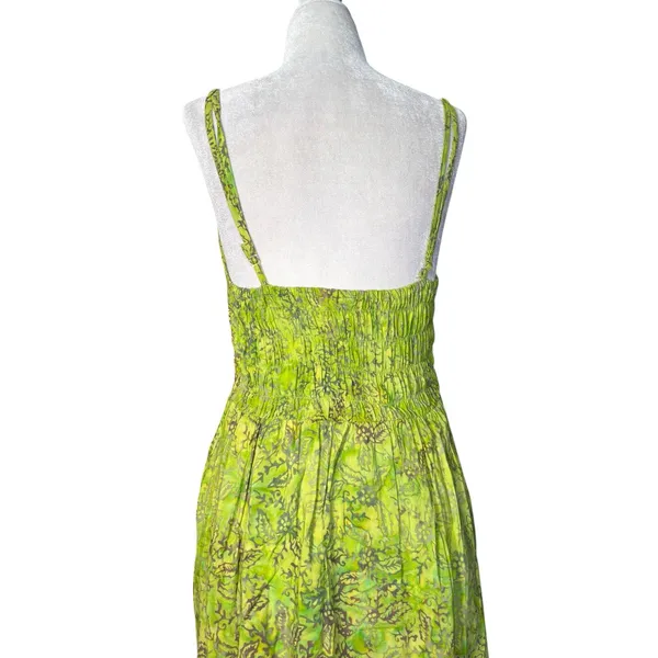 Vintage Lime‎ Green Batik Rayon Tiered Sundress Boho Tropical Midi Dress Artsy - Image 6