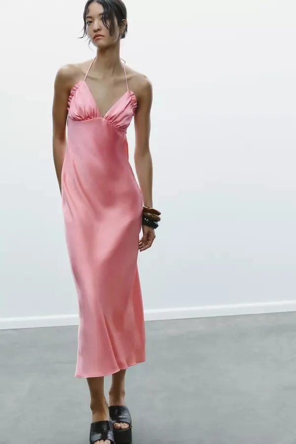 Zara Maxi dress Pink Satin ruffle bodycon party wedding summer evening - Image 13