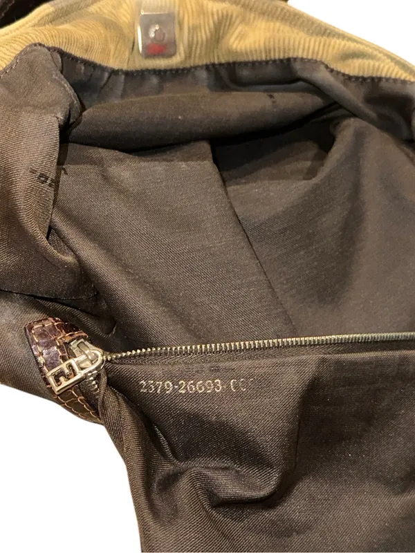 FEND Corduroy Mini Bag with Dark Brown Leather Wrapped Handles & Silver Hardware - Image 13