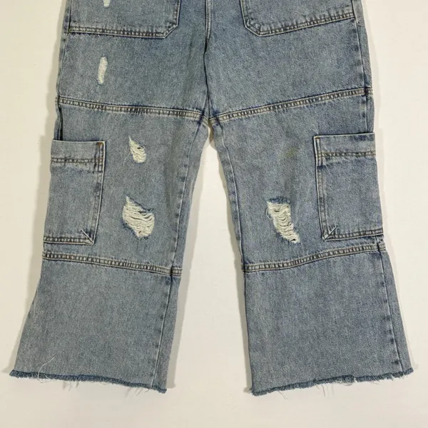 Avec Les Filles Distressed Utility Cargo Jeans Light Wash Wide Leg Size 28 - Image 11