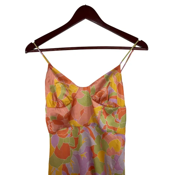 Runaway The Label Tammy Midi Dress S Floral Orange Yellow Satin Slit Retro New‎ - Image 3