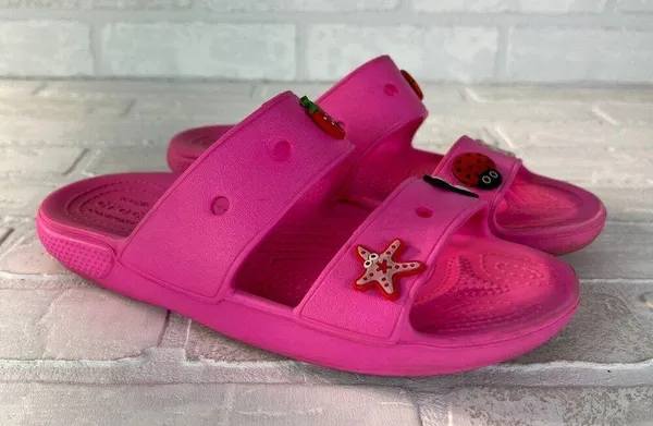 Crocs Classic Sandals Womens 7 Men 5 Pink Charms Two Double Strap Bright Comfort - Image 15