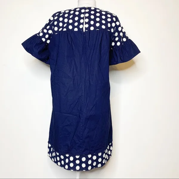 J. Crew Bell Sleeve Fringe Dot Dress blue white‎ sz 10 - Image 6