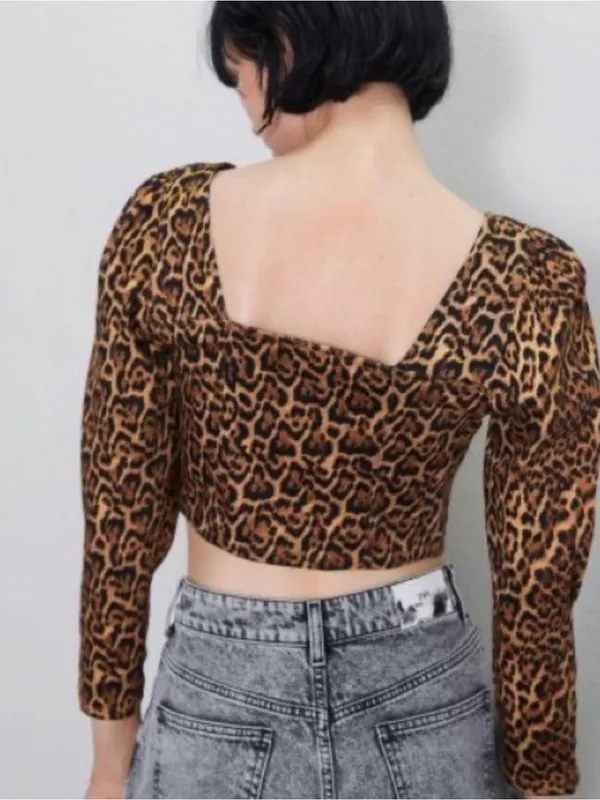 Zara Leopard-Print Zip Crop Top with Puff Sleeves - Brown/Black - Image 3