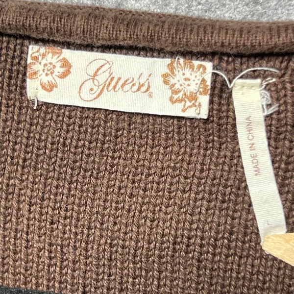 Y2K Guess‎ Brown Cotton Knit Cropped Cardigan Gold Button Scoop Neck L - Image 4