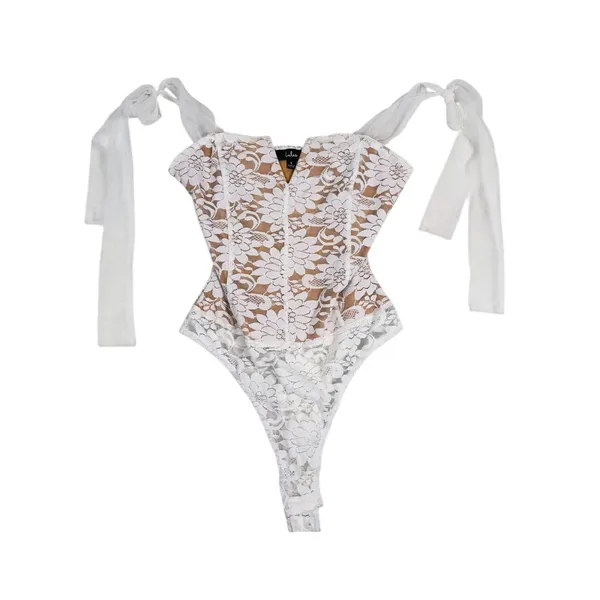 Lulus Lace Corset Bodysuit Shoulder Tie Size S White Floral Bridal Coquette Bach - Image 2