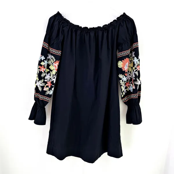 Free People Fleur Du Jour Mini Black Long Sleeve Embroidered Boho Dress Sz XS - Image 3