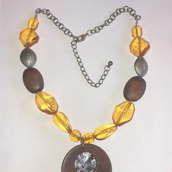 Brown and Yellow Beaded Necklace with Floral Boho Pendant - Image 6