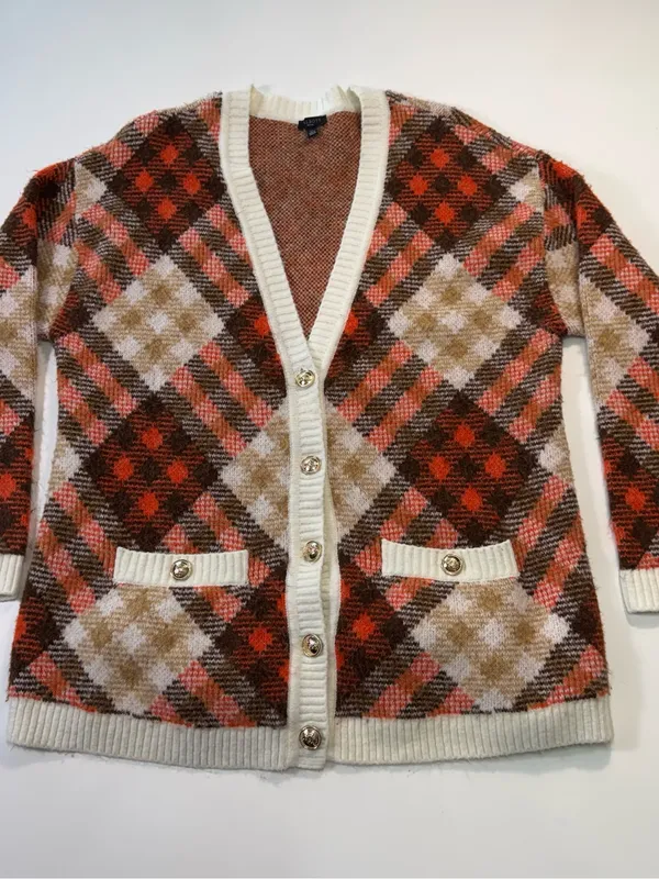 Talbots Plaid Button-Front Cardigan in Cream, Brown, Rust Size LP - Image 2
