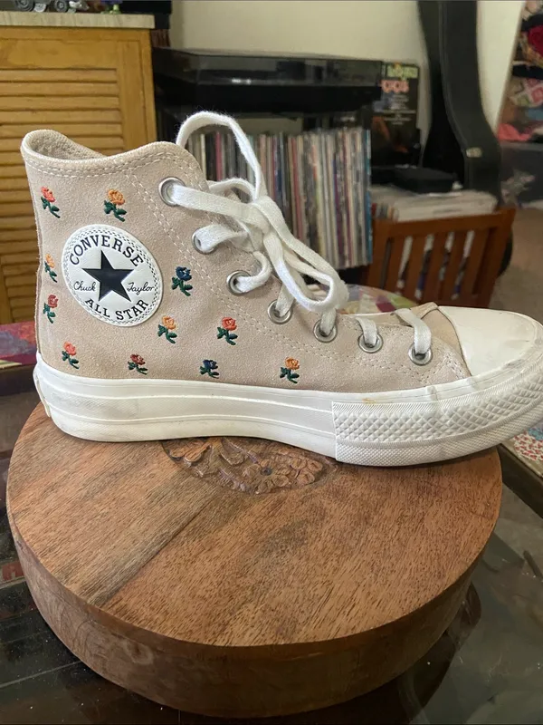 Converse Beige/Pink Floral High-Top Platform Sneakers - Image 2