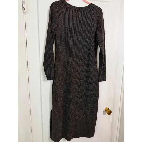 LOFT Womens Black Ribbed Metallic Shimmer‎ Long Sleeve Midi Sheath Dress Small - Image 4