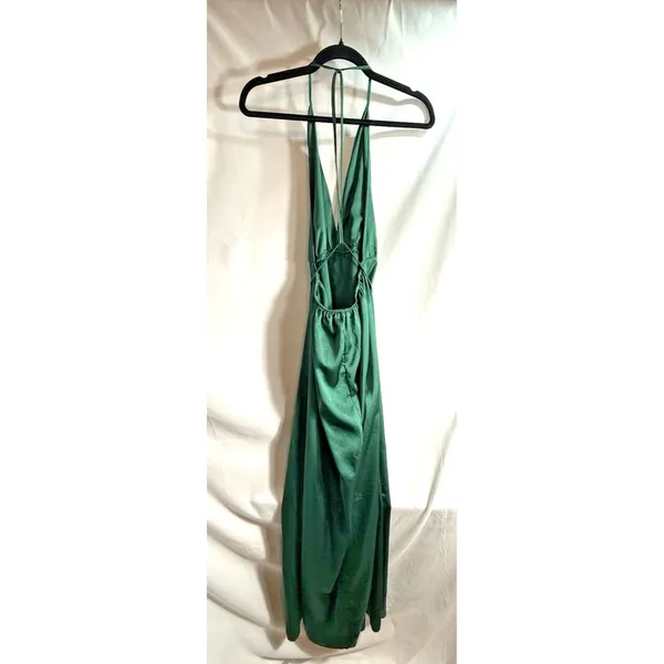 Dress to Success Halter Top Lounging Dress Maxi Women's M Green Satin Open Skirt - Image 2
