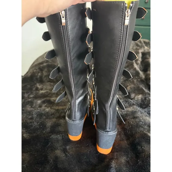 Punk goth platform silver buckles orange black size 8 boots - Image 5