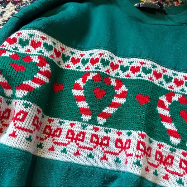 Vintage Sporting Club Candy Cane Hearts Novelty Christmas Sweater Womens Medium - Image 5