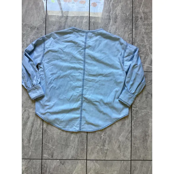 We The Free Free People Womens XS Blue Chambray Ruffle Henley Denim Shirt Top - Image 7