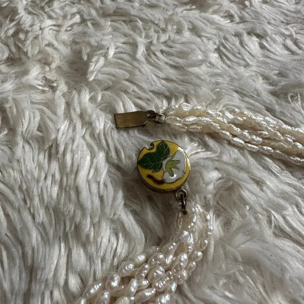 Vintage 6 Strand Freshwater Rice Irregular Pearl Necklace Cloisonne Closure - Image 7