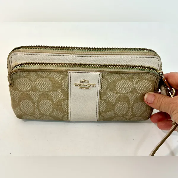 Coach Signature CC Khaki Double Zip Wristlet Wallet F52848 - Image 4
