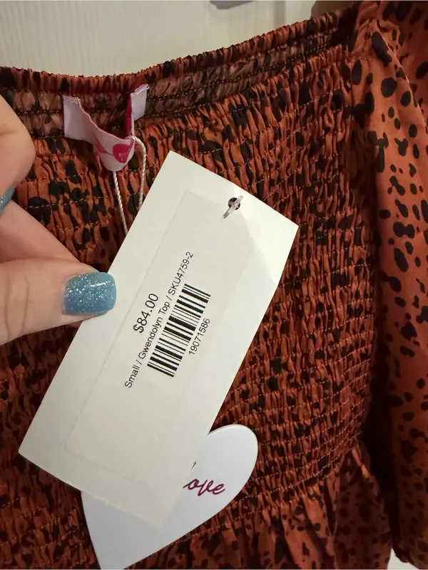 NWT BuddyLove Avara Smocked Rust Spot-Print Peplum Blouse with Puff Sleeves - Image 4