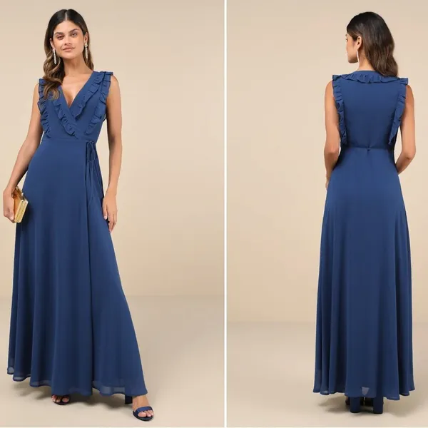 LULU's Elegant Prom Wedding Bridesmaid Elegant Romantic Ruffles Wrap Maxi - Image 5