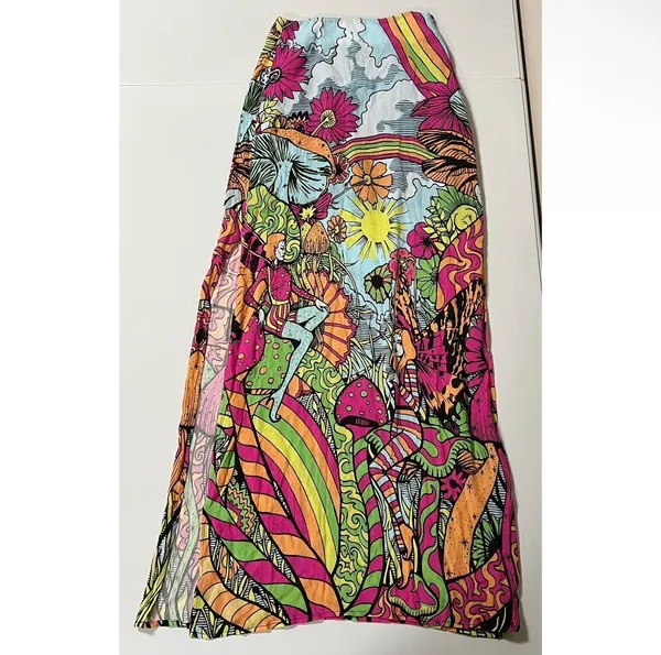 Dolls Kill Current Mood Pink Blue Green Trippy Mushroom Fairy Split-Leg Maxi Skirt Bottoms Size XXS 🍄✨ - Image 2