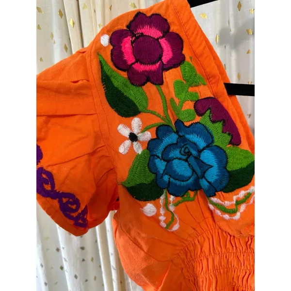 Solei Mexican Artisan Mariposa 100% Cotton Embroidered Floral Crop Ruffle Top L - Image 3