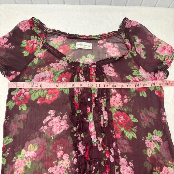 Abercrombie & Fitch Burgundy Maroon Floral Sheer Blouse‎ Boho Size L - Image 5