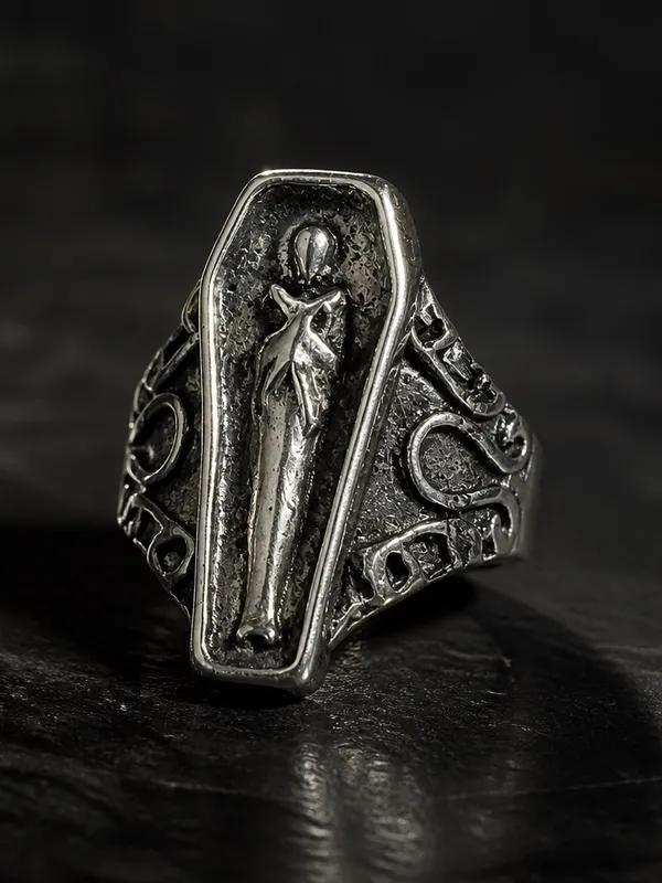 Coffin Shaped Gothic Silver Ring with Figure Size 6 - Image 2