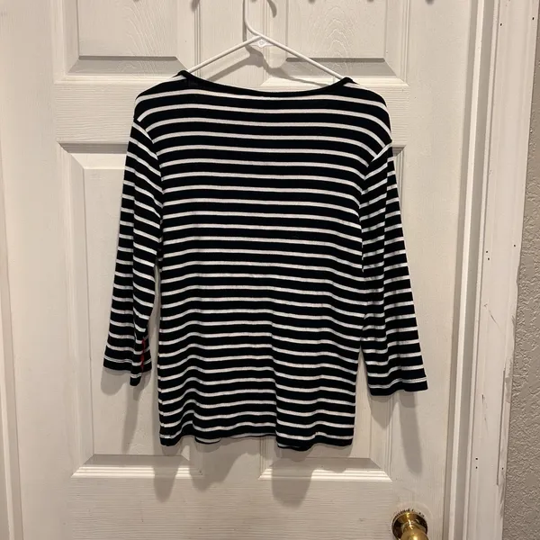 ORLY Striped 3/4 Sleeve Round Neck Top Women's Large Red White Blue Coastal‎ - Image 5